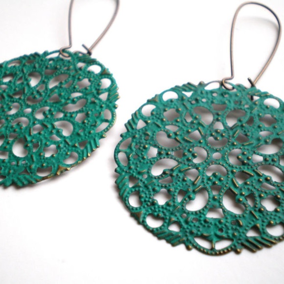 Teal Green Filigree Hand Painted Earrings - Picture 3 of 3